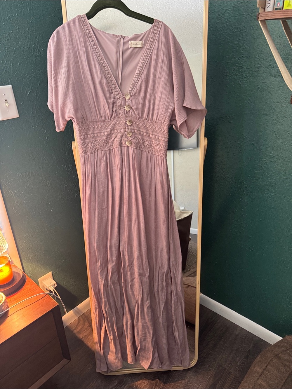 Altar'd State Mauve V-Neck Maxi Dress with Button Details